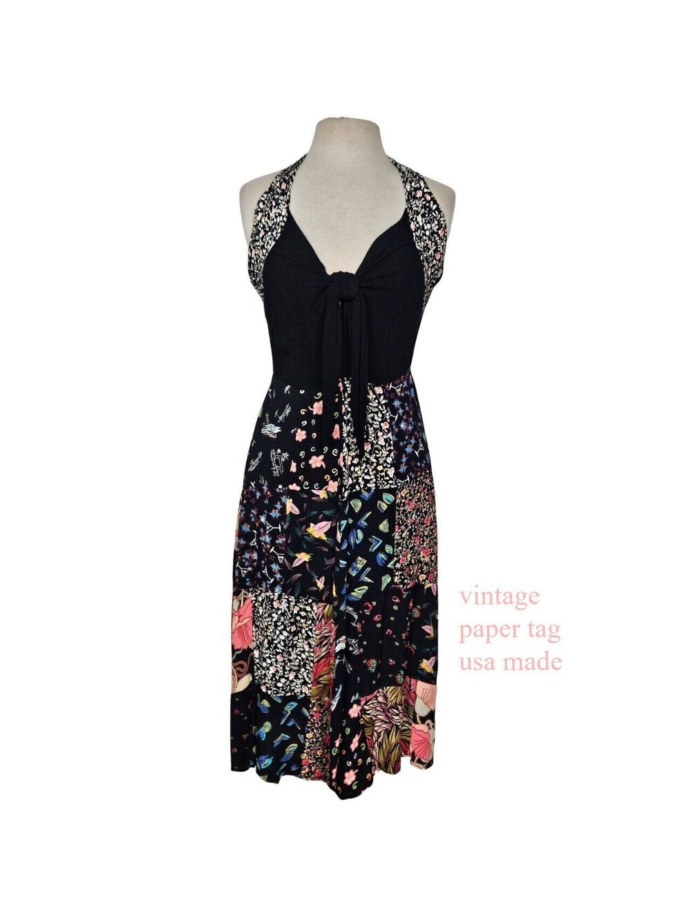 vtg patchwork halter dress paper tag usa made zoe, small, whimsigoth